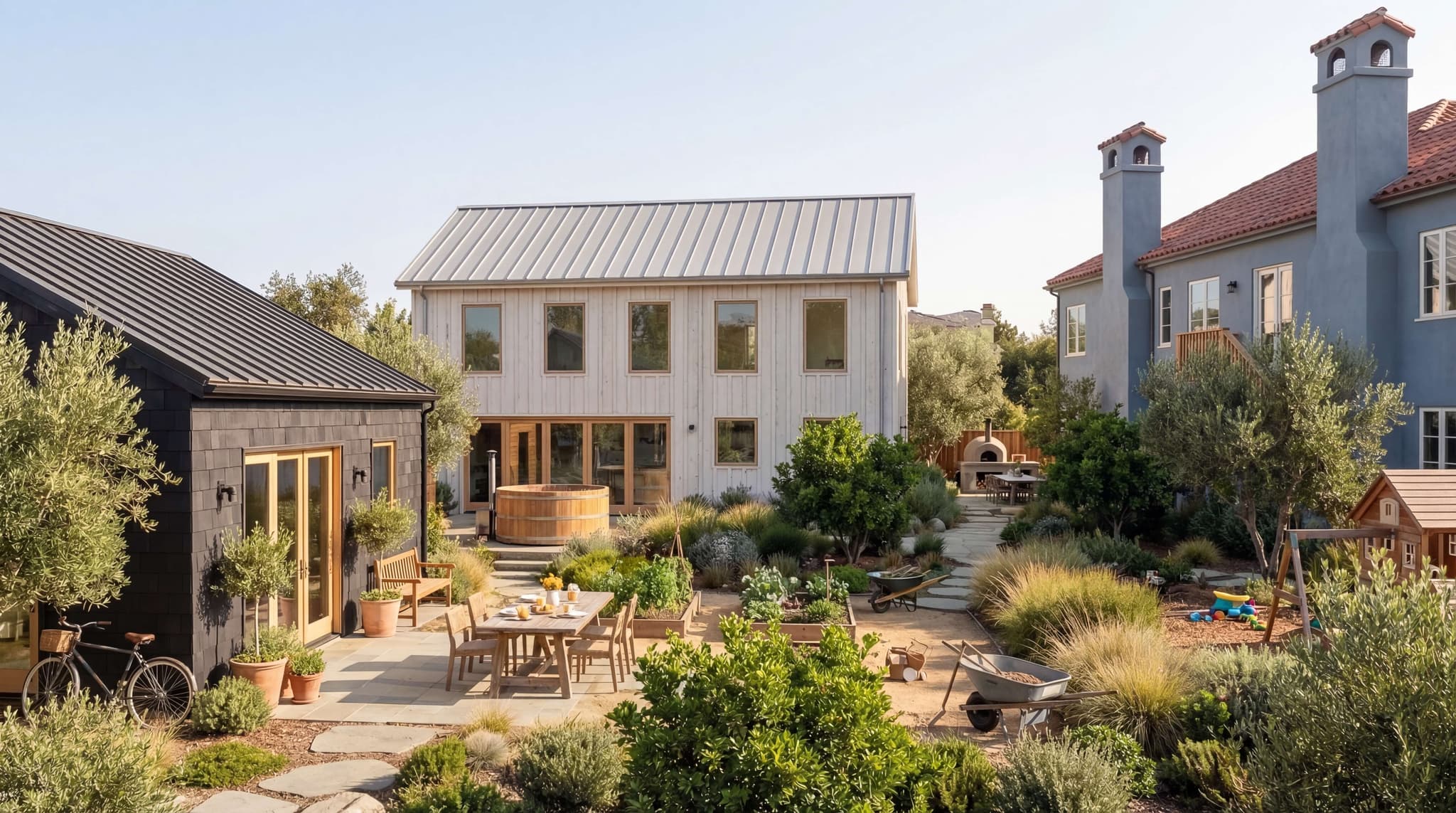 A beautiful compound with multiple homes surrounded by lush gardens and pathways