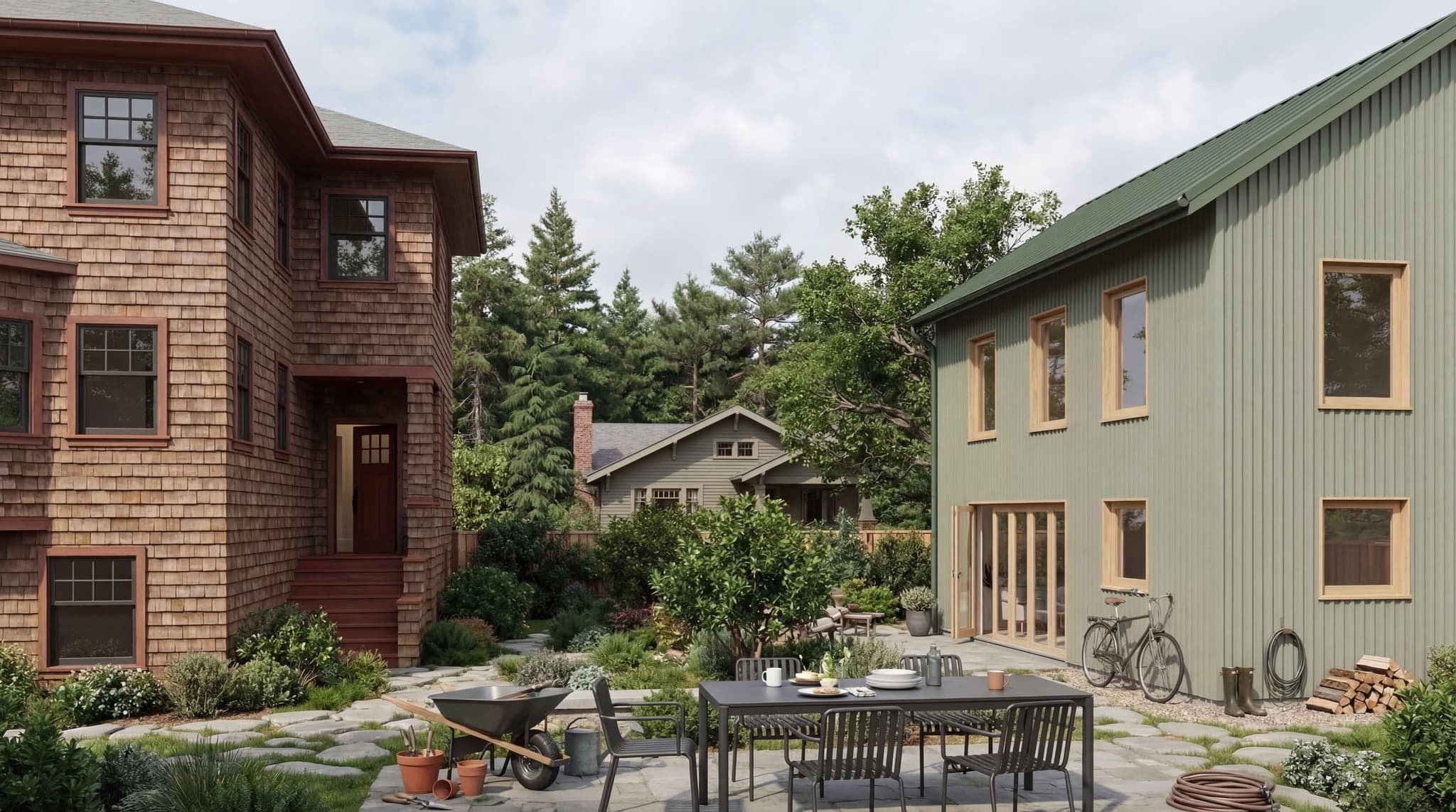 A beautiful compound with multiple homes surrounded by lush gardens and pathways